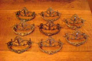 Set of 8 Antique Ornate Copper Dresser Drawer Pulls Handles