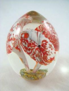 Vintage Art Glass White Red Lily Egg Shaped Paperweight