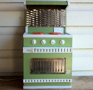 Vintage 1960s Working Metal Toy Oven Olive Green Childs Kitchen Range 
