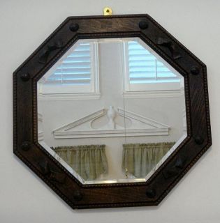 Antique European Oak Octogon Wood Frame Beveled Glass Mirror