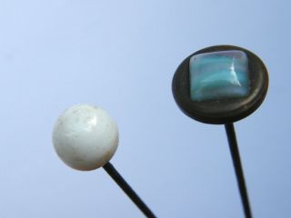 Antique X2 Hat Pins White Agate Hardstone on Brass Finial Circa 1910 