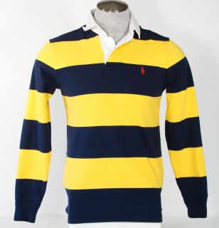 Ralph Lauren Long Sleeve Yellow Navy Blue Stripe Rugby Polo Shirt Mens 