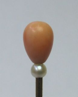   Antique Victorian 14k Gold Angelskin Coral Seed Pearl Stick Pin