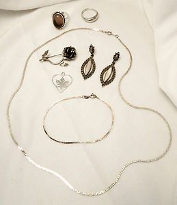 Vintage Sterling Silver Jewelry Lot Rings Pin Necklace Chain Earrings 