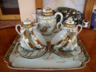 Good Antique Japanese Kutani Porcelain Tea Set and Tray C1900