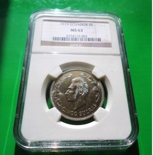 RAREECUADOR 5 SUCRES 1973 NGC MS63 , full luster and detail (proof 