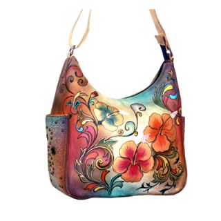 Anuschka Handpainted Leather Hobo Handbag Adjustable Strap Floral 