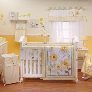 Yellow and White Flower Appliqued Nursery 8pc Baby Girl Bright Crib 
