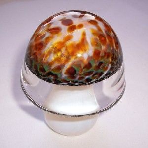 Vintage GLASS MUSHROOM Ornament/Paperweight SPECKLED BROW & WHITE in 