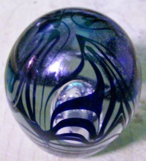 ANTIQUE VINTAGE GLASS PAPERWEIGHT BLUE BUBBLE SWIRL GROUND POLISHED 