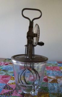 Vtg Antique Glass Measuring Cup with A J Egg Beater 1923 Kitchenware 