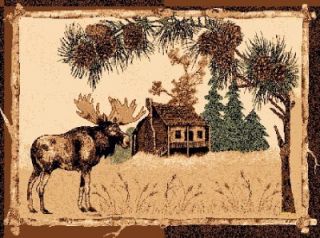   COUNTRY THEME LODGE MAT RUG WITH A MOOSE IN PINE TREES CABIN RUG