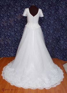 White Satin & Tulle Short Sleeve Wedding Dress 16