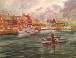 Annapolis Maryland City Dock Boats Harbor New Watercolor Painting 