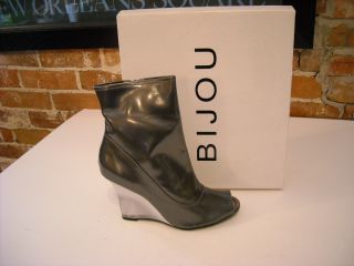Bijou Pewter Patent Peep Toe Frosted Wedge Ankle Boots