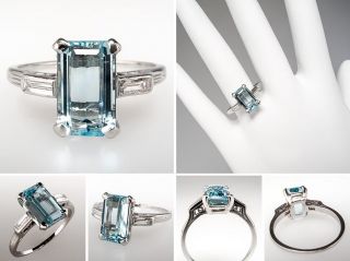 Vintage Natural Aquamarine Diamond Engagement Ring Solid Platinum Fine 