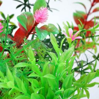 9pcs Fish Tank Aquarium Plastic Green Plant Red Flower