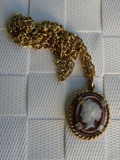 Fine vintage hardstone cameo 14k gold Diamond pendant on chain