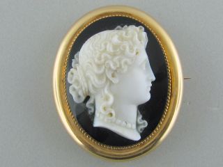 Antique 1880s Hard Stone Cameo 14k Gold Brooch Pin