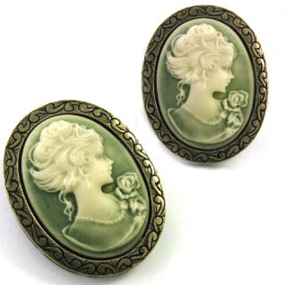 Antique St Olive Green Lady Cameo Necklace Pin Broach