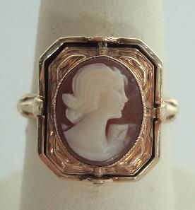    Carved Shell Cameo Black Onyx 10K Gold Mourning Flip Ring Antique NR