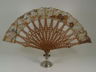   ANTIQUE CHINESE SILK DACHSHUNDS & SWALLOWS HANDPAINTED LACE BAMBOO FAN
