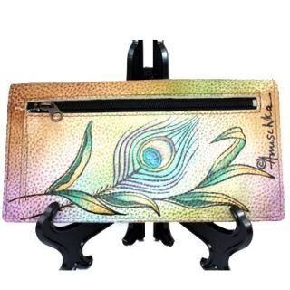 Anuschka Slim Bifold Wallet Hand Painted Leather Peacock Feathers Lily 