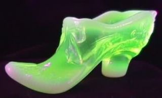 Bow Slipper Yellow Vaseline Opalescent Glass Shoe Mosser Glass