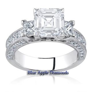 90 Carat Asscher Cut Diamond Three 3 Stone Engagement Ring D E F 