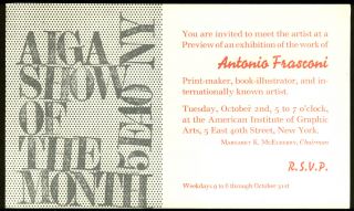 AIGA Antonio Frasconi Exhibit Preview Invitation postcard 1951