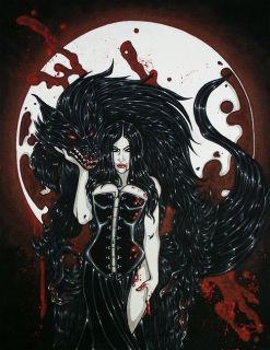 Gothic Female Vampire with Werewolf Comic Fantasy Art