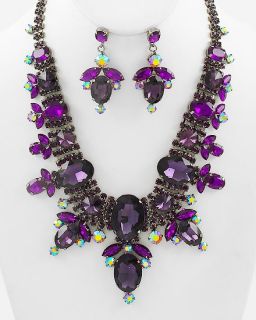 Aurora Borealis Festoon Necklace Earrings Set Purple Glass Prom New 