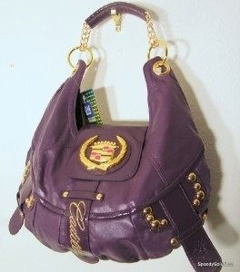   Cadillac Purple Soft Faux Leather Handbag Goldtone Emblem Ashley M NWT