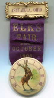 Antique Elks Fair, October,1908, Ashtabula, Ohio, ribbon   badge 