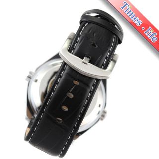 Goer Black Classic Automatic Watch Mens Gold Skeleton Leather Fashion 