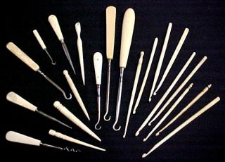   of ANTIQUE SEWING TOOLS Ox Bone CROCHET & BUTTON HOOKS AWLS