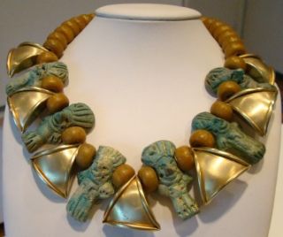 Wild Vtg 60s Mayan Aztec Inca Pottery Gods Necklace