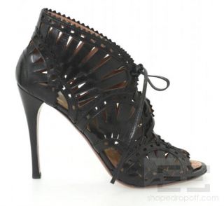 Azzedine ALAIA Black Leather Cut Out Lace Up Peep Toe Heels Size 38 5 