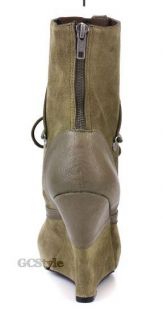 BACIO61 Natura Over Ankle Wedge Suede Granny Lace Up Boot Olive 9 5 