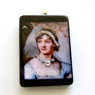 Jane Austen Necklace Pendant Recycled Game Tile Swarovski Crystal 