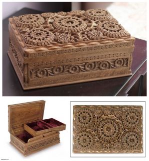 Sunflowers Intricately Hand Carved Walnut Wood Jewelry Box India 