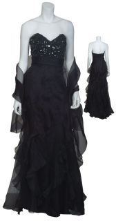Badgley Mischka Black Strapless Ruffle Tiered Sequins Formal Gown 