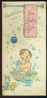 Vintage Greeting Card Congratulations New Baby Girl Baby Tub Bubbles 