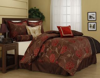 Iris Brown Red 7 Piece Comforter Set Bed in Bag Brand New King Queen 
