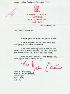 Barbara H Cartland Typed Letter Signed 10 07 1987
