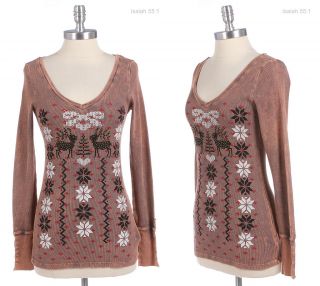 Thermal V Neck Top with Snowflakes and Deer Print Orange S