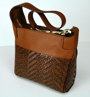 BARRY KIESELSTEIN CORD Brown Cognac Woven Leather Bag Gold Gator ITALY 