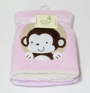 New Beansprout Pink Plush Sherpa Monkey Baby Blanket
