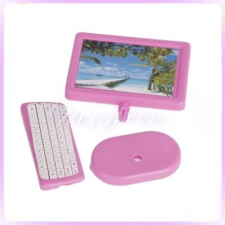   monitor +Stand +keyboard Set for Barbie doll Dollhouse Miniature Pink
