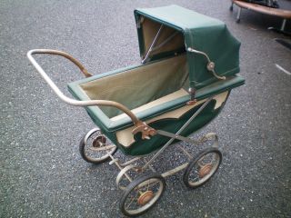 Early 1900s Antique Green Tan Baby Carriage Stroller Old